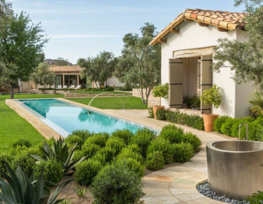 Landscaped entrance to a Mediterranean-style home